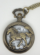 WESTERN HORSE Quartz Pocket Watch w/ 16" Chain Brushed Antique Bronze NEW