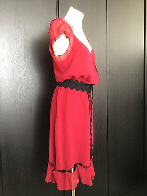 YSL, YVES SAINT LAURENT RIVE GAUCHE BURGUNDY/BLACK CHIFFON EVENING DRESS