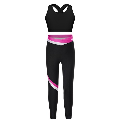 Kids Girls Set Yoga Dancewear Tights Outfits Keyhole Suit Sleeveless Activewear - Picture 18 of 50