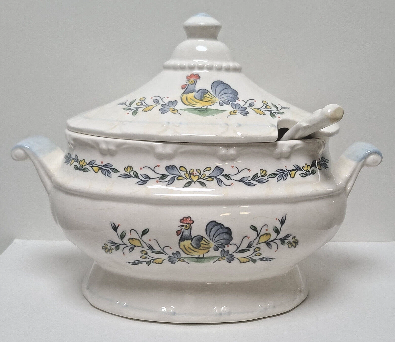 Vintage Gravy Sauce Boat Tureen with Lid & Ladle Japan Blue White Rooster Design