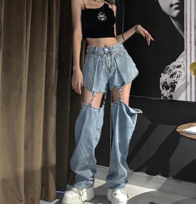 Jeans Girl Stitching Hip Hop Loose Fit Denim Chains Detachable