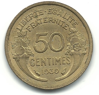 VERY NICE HIGH GRADE AU 1939 FRANCE 50 CENTIMES COIN-DEC139