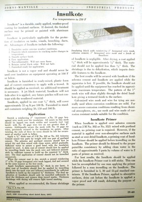 JOHNS-MANVILLE Insulkote Insulation Aertite Coating ASBESTOS 1950