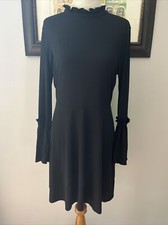 TOPSHOP Black Fluted Ribbed Jersey Skater Long Sleeve Dress Size 10