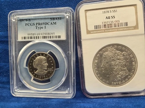 1878 Morgan Silver Dollar NGC AU55 Also PCGS PR69DCAM 1979 Dollar B ANTHONY