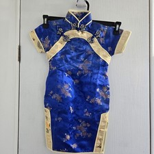 Asian Chinese Traditional Girls Dress Blue Gold Flowers Size 4 R Side Zipper