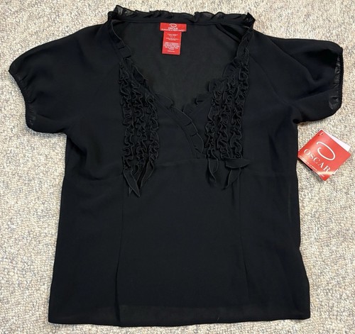 OSCAR By OSCAR De La RENTA Women's Size 6 Black Ruffle Blouse Sheer NEW NWT