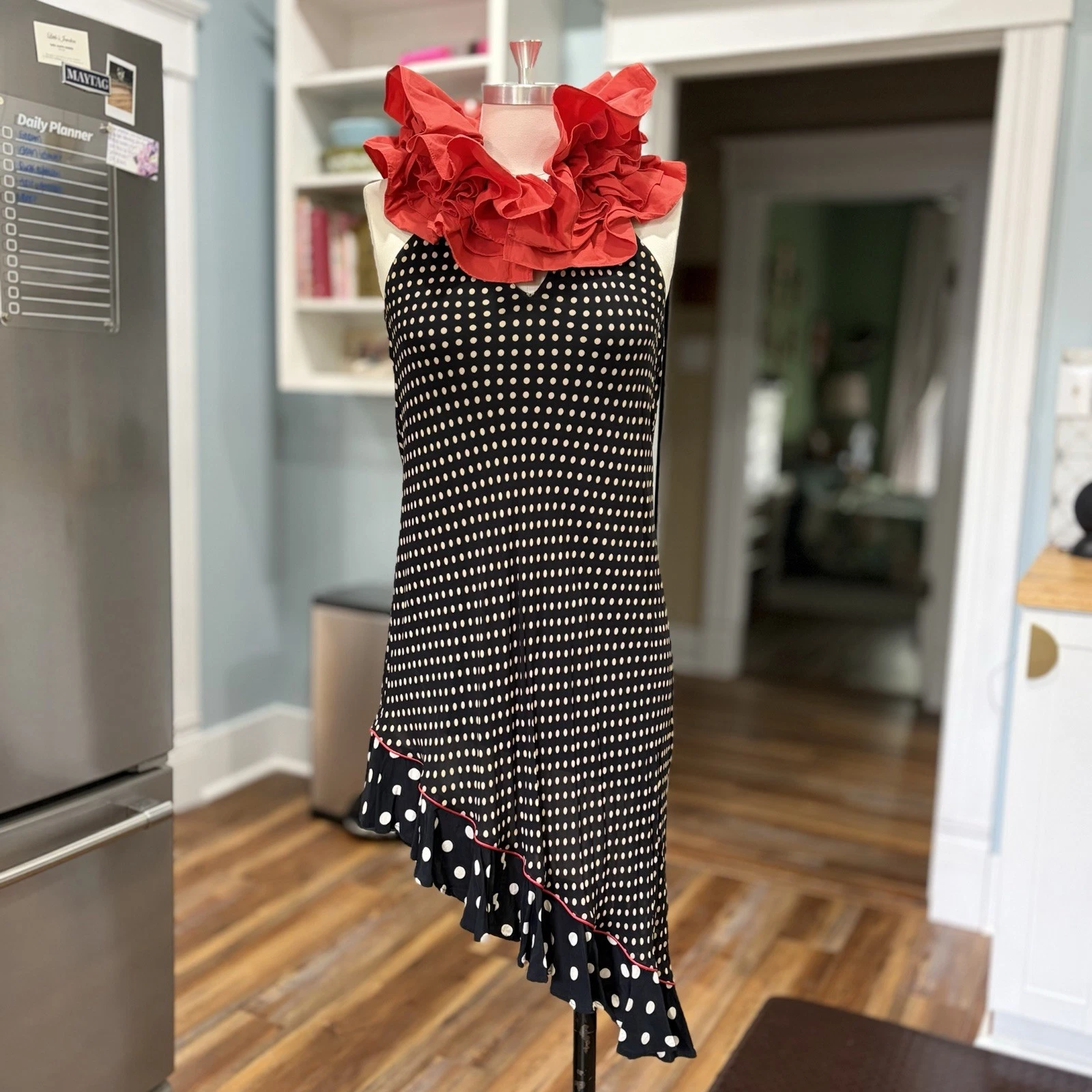 Vintage 90s Cottonade Ruffle Neck Polka Dot Asymmetrical Dress