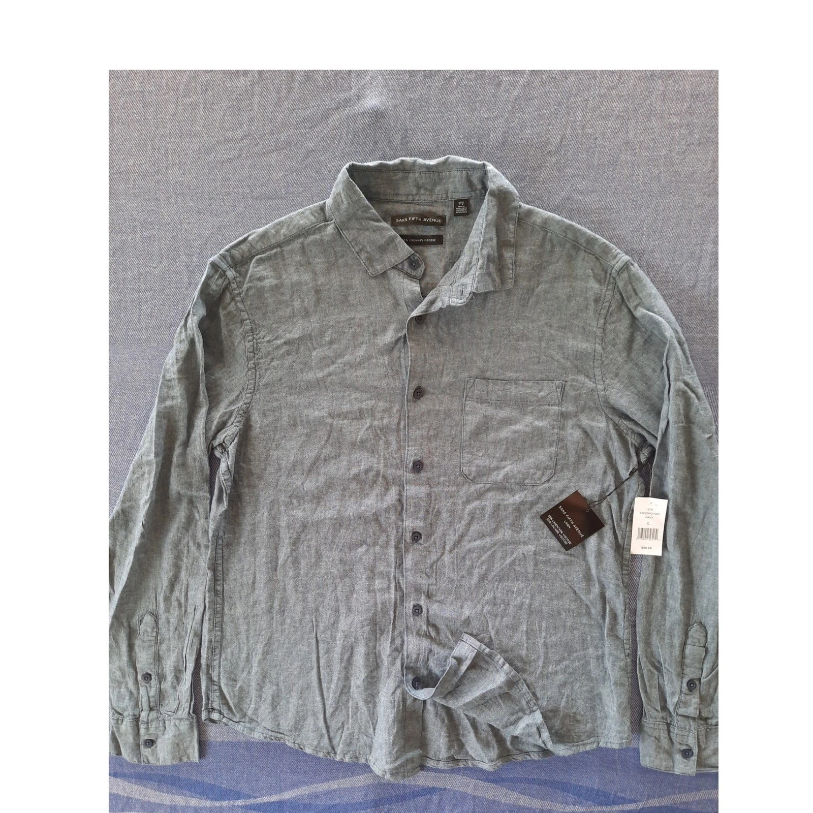 Saks Fifth Avenue Mens Linen Viscose Button Down Shirt Cloudstorm Large NWT