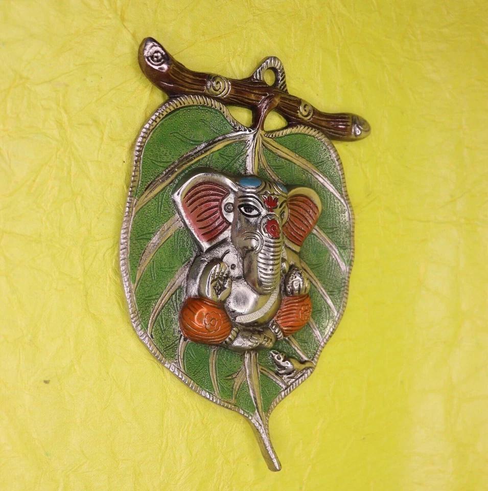 Lord Ganesh On Leaf Wall Decor Mask Statue Home Office Decor Metal Figurine - Bild 4 von 4