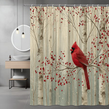Cardinal Bird Birch Tree Shower Curtain Red Berry Forest