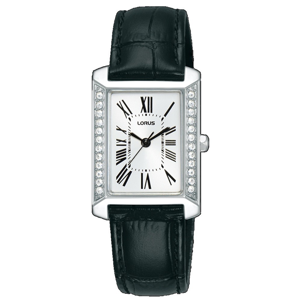 Lorus Watch RG241YX9 Ladies Rectangle Elegance Crystal Set Black Leather Strap