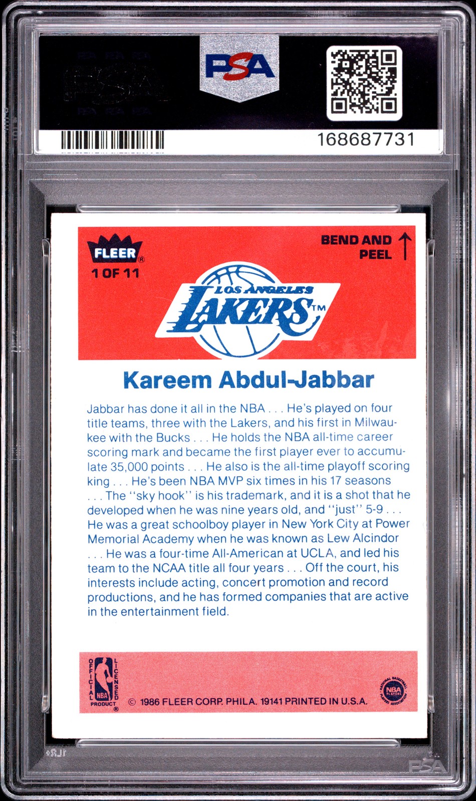 1986 FLEER STICKER #1 KAREEM ABDUL-JABBAR PSA 5 view 2