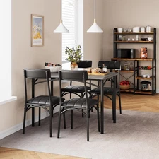 5-Piece Dining Table Set, Rustic Steel Frame w 4 Cushioned Chairs, Kitchen Gray