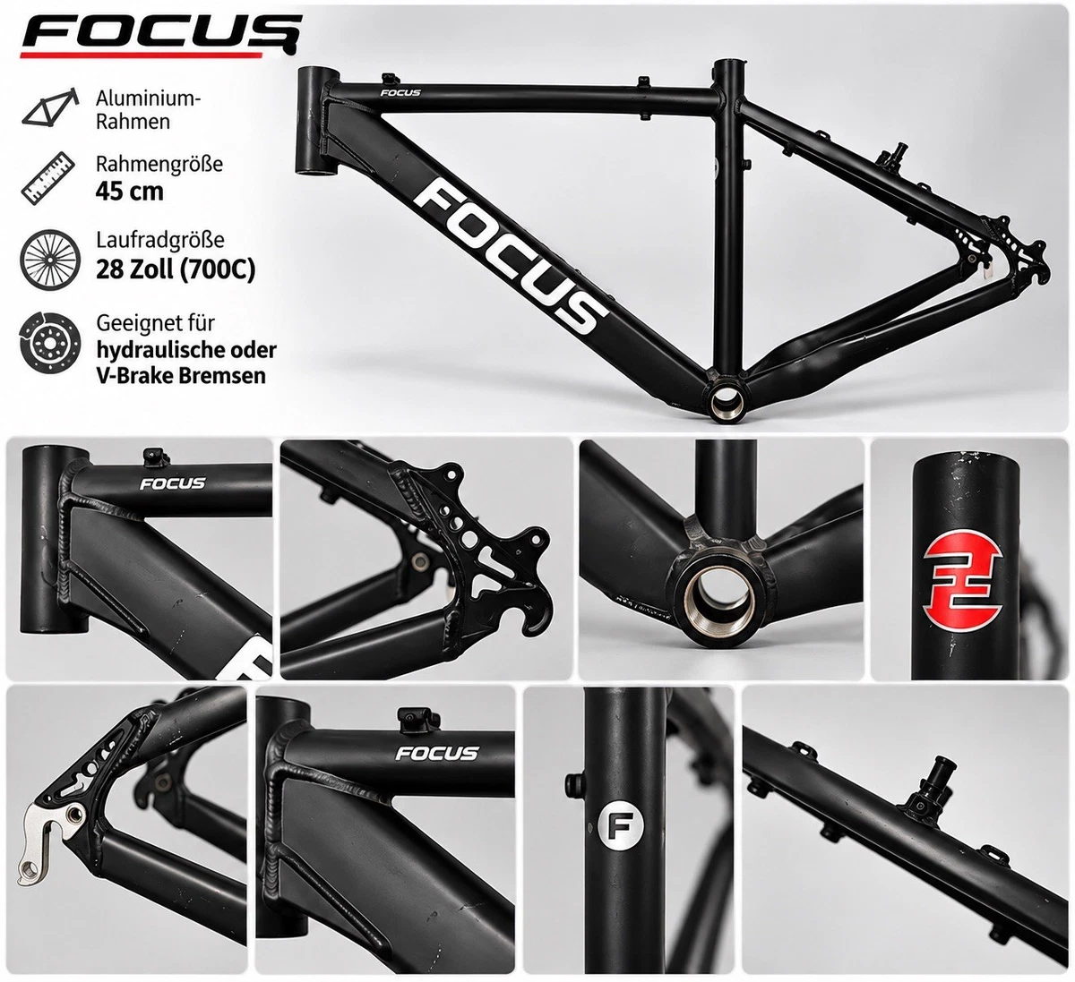 FOCUS Fahrradrahmen Aluminium 28 Zoll – Rahmengröße 45 cm – Schwarz