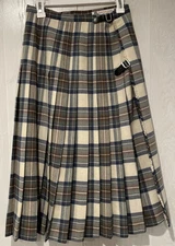 Vtg KINLOCH ANDERSON Womens Blue Beige Plaid Wool Pleated Scottish Kilt Size 12