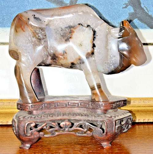 Rare CHINESE Republic Period Carved AGATE Water Buffalo Wood Stand