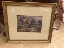 13” X 11” GOLD WOOD FRAMED PRINT UNDER GLASS COZY COTTAGE FLOWER GARDEN