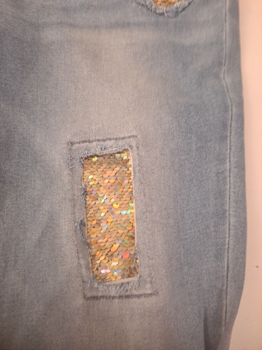 JUSTICE Girl's Size 16 Denim Jean Bib Overalls Distressed Sequin Accent Patches - Picture 4 of 6
