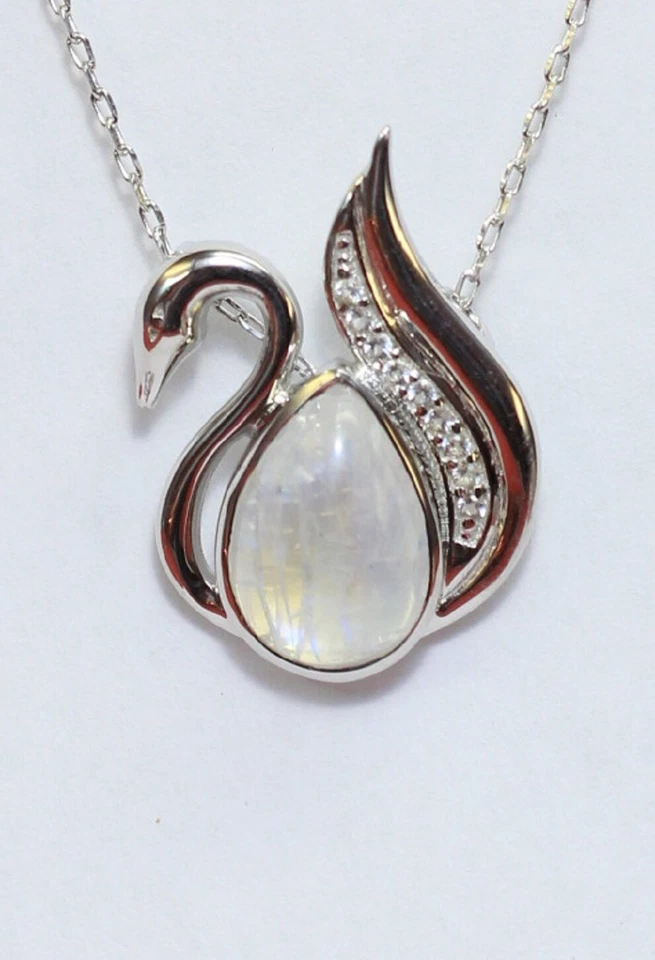 Nobile 2,9 Carati Pietra di Luna Cigno Rimorchio 925 Collana IN Argento Zirconia - Immagine 4 di 4