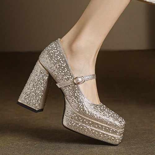 Square Toe Rhinestone Shoes Womens Platform Buckle Leather High Heel Dress Shoes - Bild 10 von 25