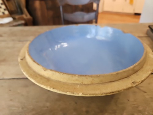 Primitive Antique Stoneware Large Handmade Blue Glazed Interior Crock Lid Cover - Picture 13 of 22