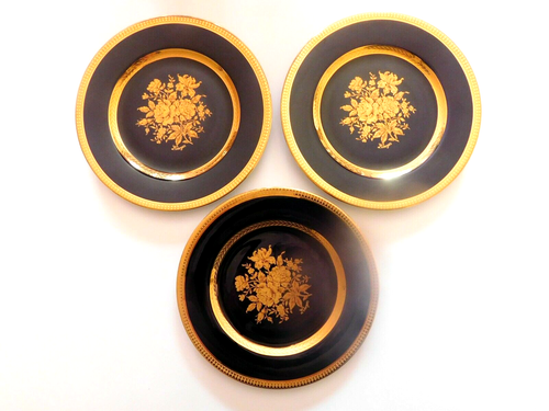 SET OF 3 LIMOGES LEGLE 7.5" PLATES, COBALT BLUE AND 24K GOLD, PRISTINE