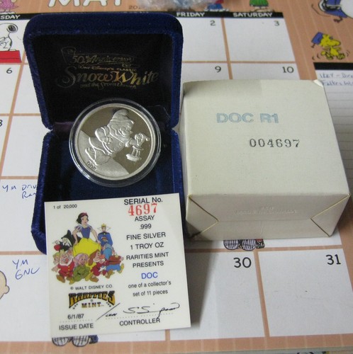 Disney Doc Snow White set 50th Anniv Proof Coin 1 Troy Oz .999 Silver - BINo