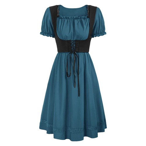 Womens Dancewear Lace-up Dresses Square Neck Dress Short Sleeve Medieval Set - Picture 18 of 35