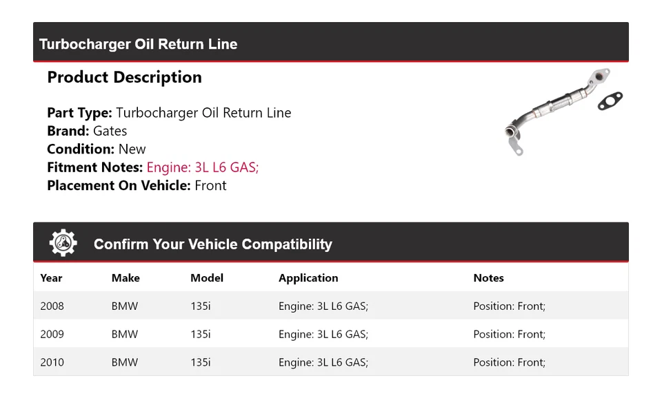 Turbocompresor de gas para BMW 135i 2008-2010 3L L6 línea de retorno de aceite puertas delanteras 2009 Foto 2 de 3