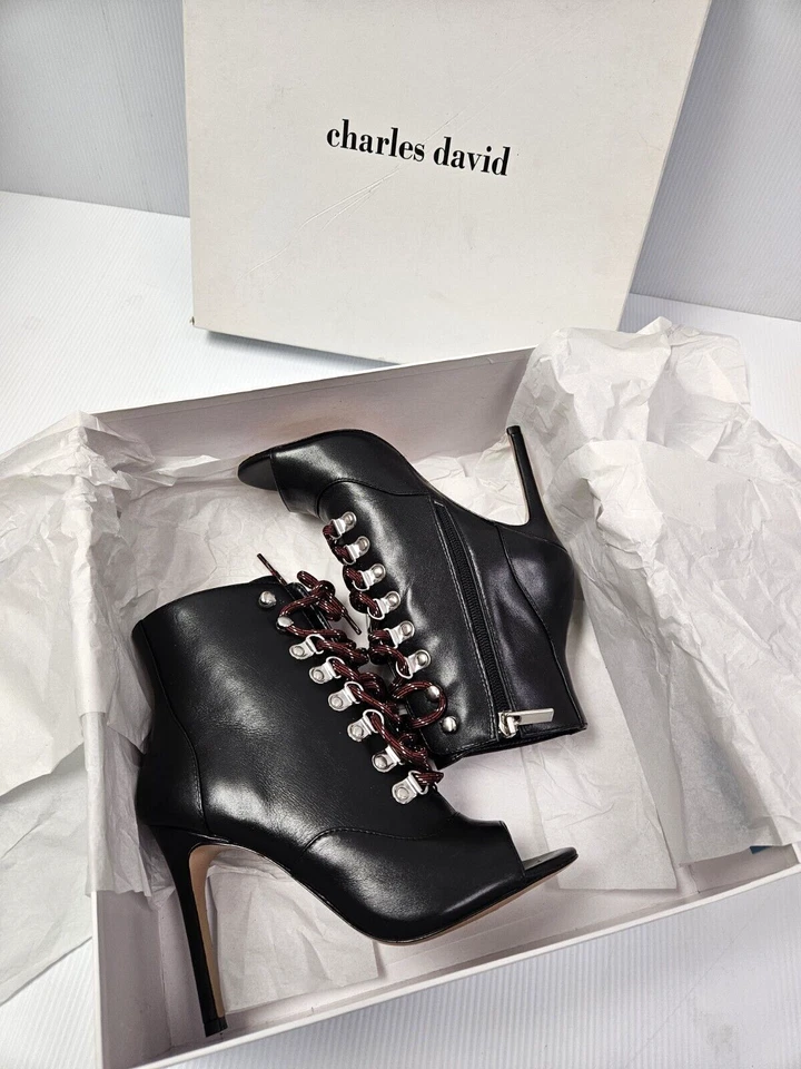 Charles David 5M Charlye Botas de Tacón Alto Cuero Negro Rojo Con Cordones Peep-Toe 3.75" Foto 3 de 4