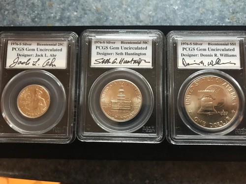 1976 S 3pc. Autographed Bicentennial Silver PCGS Certified Gem BU