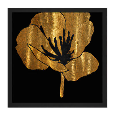 Metallic Effect Press Poppy Flower on Black Square Frame Print Picture Wall Art