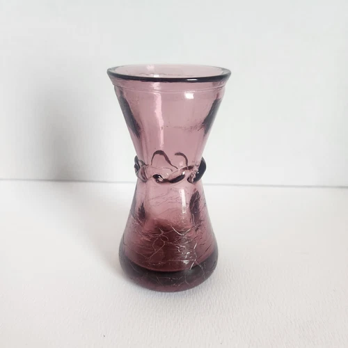 Vintage BLENKO Miniature Purple Amethyst Crackle Glass Bud Vase Applied Swirl