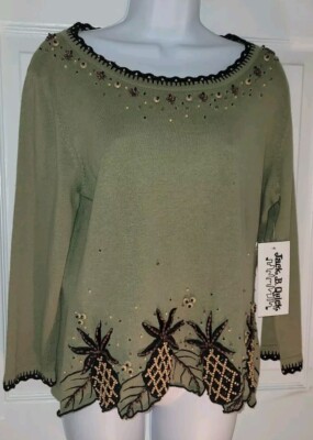 Jack B Quick Novelty Sweater Green Fall Halloween Pineapple Beaded M/L NWT 