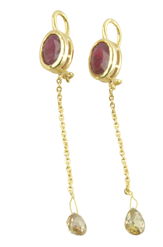 Oval Ruby & Briolette 2.73Cts Dangling Earring 18K Yellow Gold - Picture 5 of 13