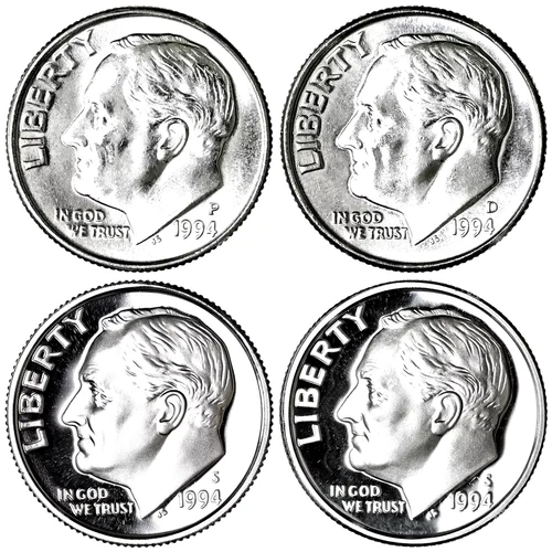 1994 P D S S Roosevelt Dime Year Set Silver & Clad Proof & BU US 4 Coin Lot