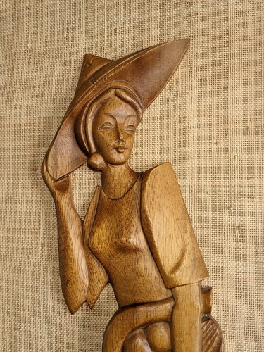 Vintage Mid Century Teak and Burlap Wall Hangings of Farmer Woman and Fisherman, - Picture 6 of 8