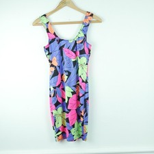 Vintage XS S Swim Dress Multicolor Neon Bodycon Mini Beach Resort Tropical Print