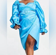 Blue Satin Long Sleeve Belted Dress ASOS Size 24 NWT