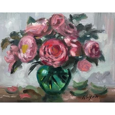 Wilgan, Flowers, Green jug of Flowers, Impressionism, Oil painting,Orginal 8x10”