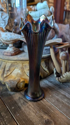 Vintage Fenton Carnival Glass Vase Fine Rib 9" Swung Vase Iridescent Cobalt Blue
