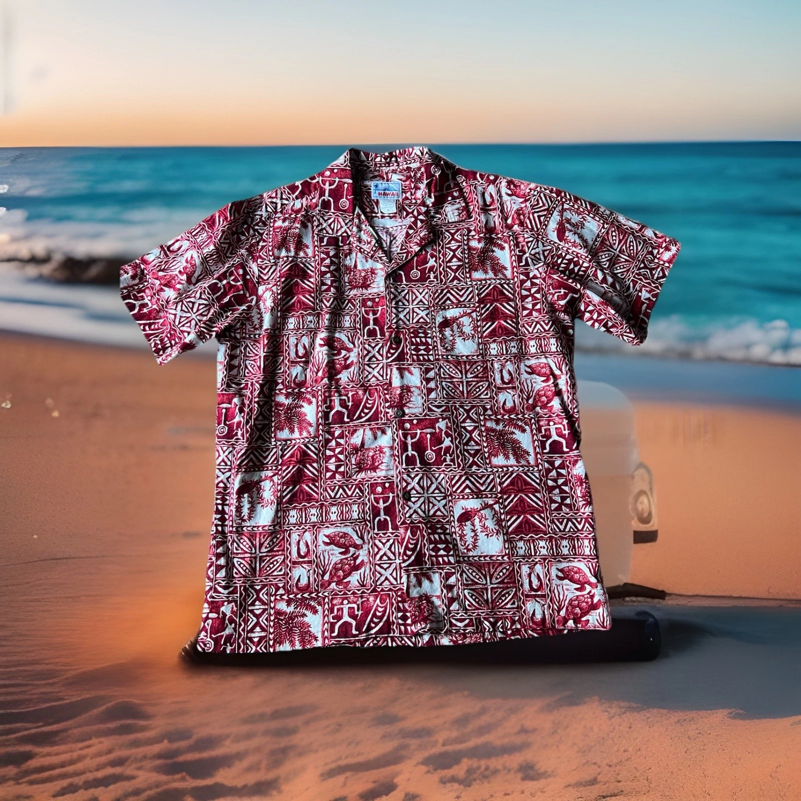 Men's Hawaiian Tribal Print Made In Hawaii Button Up Camp Shirt Size Medium