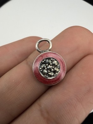 Vintage 925 Sterling Silver Marcasite and Red paint Pendant Marked CNA
