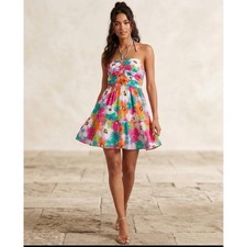 Day+Moon Retro Floral Halter Ruched Bodice Coquette Flowy Mini Feminine Dress S