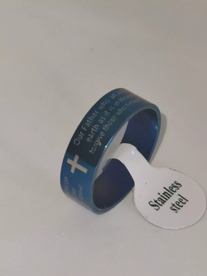 Uni blau geätzter englischer Text Vaterunser Vers 8 mm biblischer Ring viele Größen
