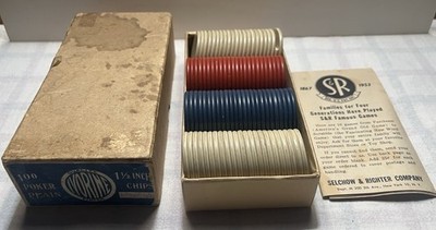 Vintage Antique Ivorine Poker Chips with Original Box Red White Blue 1.5 In Chip