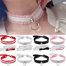 Trendy Lace Trim Choker Collar Punk Necklace,O-ring Pendant Matching Leash