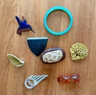 Vintage Jewelry LOT Amber Bakelite Clip, Jadeite Bracelet, Wood Brooch, Flowers