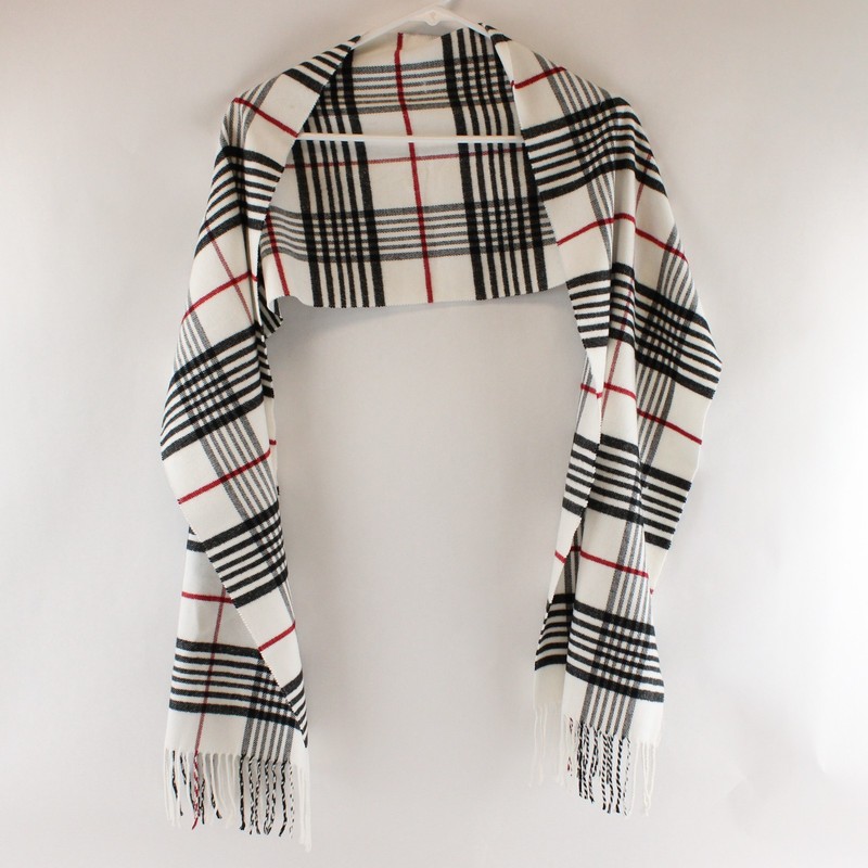 Women’s Plaid Scarf Black White Red Fringe 67in Pre-Owned